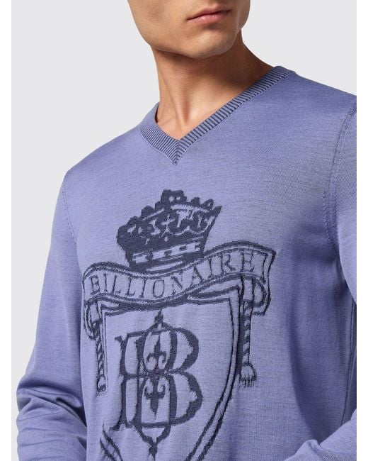 Billionaire Blue Wool And Silk V-Neck Jumper With Jacquard Crest for men
