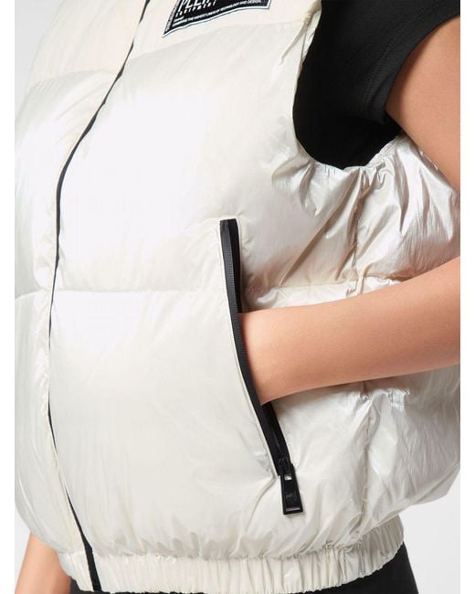 Philipp Plein White Short Quilted Nylon Gilet With High Neck And Zip