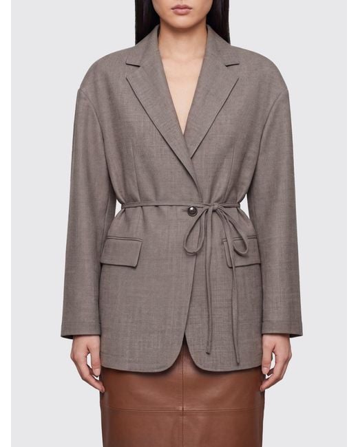 Brunello Cucinelli Gray Single-Breasted Virgin Wool Blazer With Belt And Dropped Shoulders