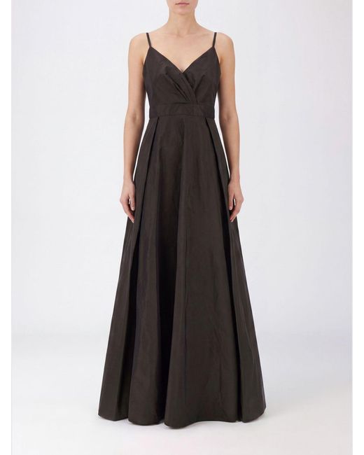 Pinko Black Taffeta Off-The-Shoulder V-Neck Evening Gown
