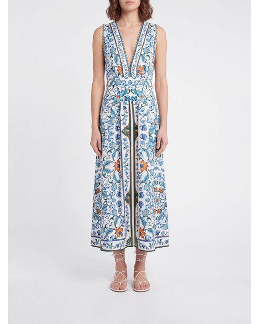 Farm Rio Blue Flora Printed Cotton Midi Dress