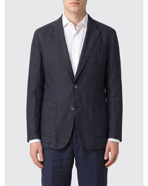 Altea Blue Single-Breasted Linen Blazer With Two-Button Closure And Patch Pockets for men