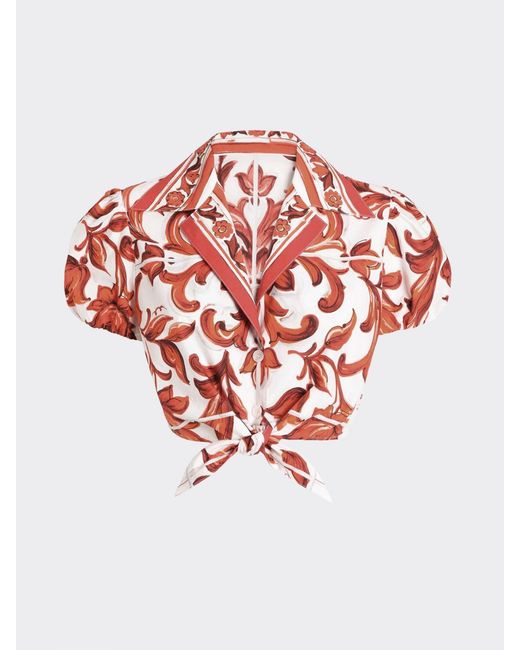 Dolce & Gabbana Red Dolce &Amp Gabbana Majolica Print Cropped Cotton Shirt With Front Tie