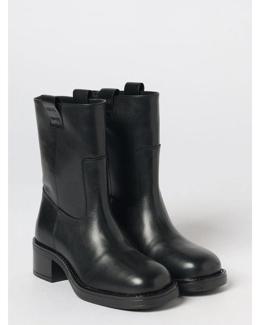 Alohas Black Smooth Leather Biker Boots With Double Pull Tabs And Rubber Sole
