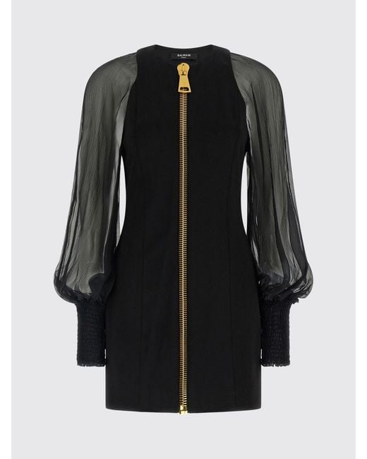 Balmain Black Jersey Sheath Mini Dress With Puff Sleeves And Crew Neck