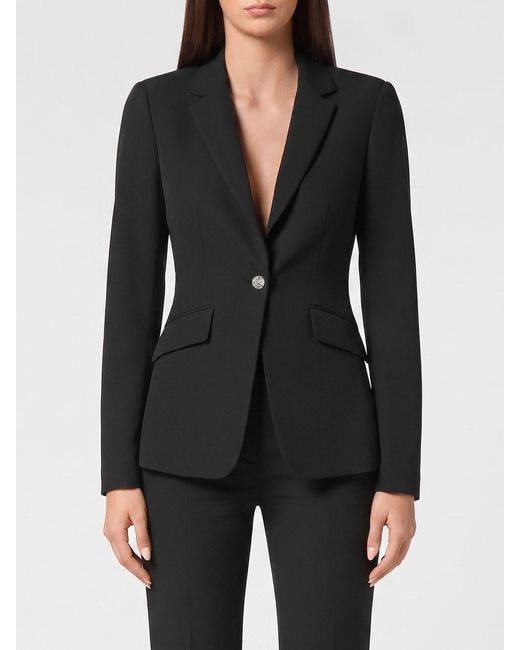 Philipp Plein Black Single-Breasted Cropped Crêpe Blazer With Skull Print And Rhinestones