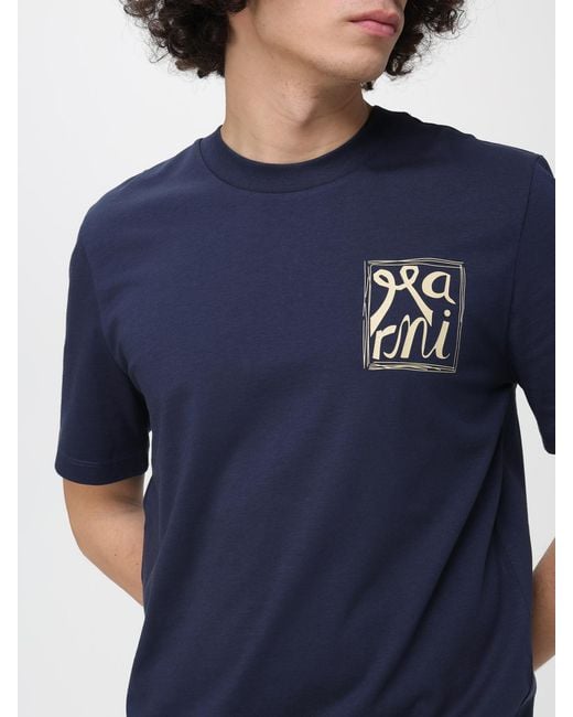 Marni Blue Crew Neck Cotton T-Shirt With Print for men