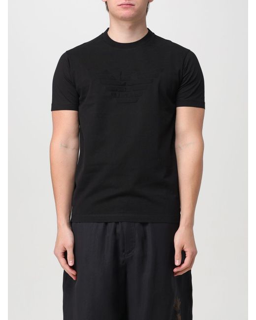 T-shirt in cotone con logo jacquard di Emporio Armani in Black da Uomo