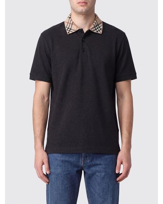 Burberry Black Cotton Polo Shirt With Check Collar And Ekd Logo Embroidery for men