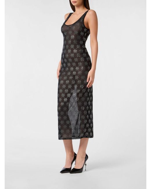 Philipp Plein Black Rhinestone Jersey Midi Dress