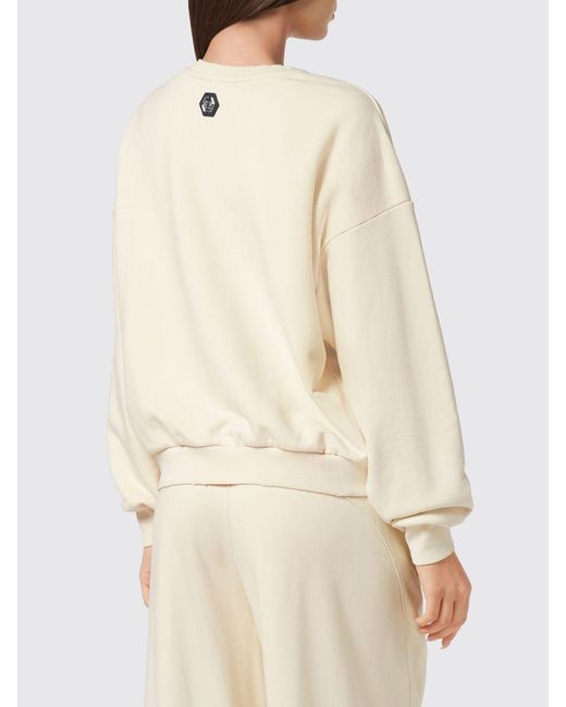 Philipp Plein Natural Relaxed Fit Cotton Crewneck Sweatshirt With Graphic Print And Rhinestones