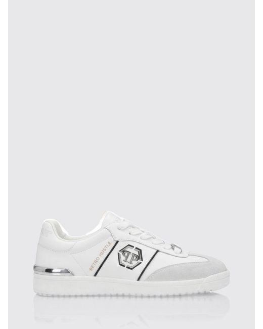 Philipp Plein White Retro Hustle Leather Sneakers With Hexagon Logo for men
