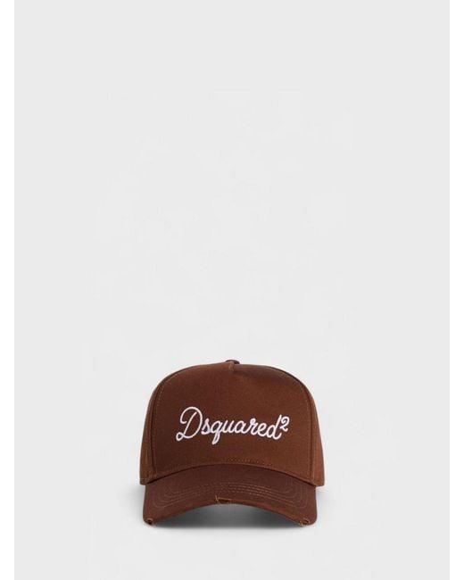 DSquared² Brown Cotton Twill Hat With Distressed Edges for men