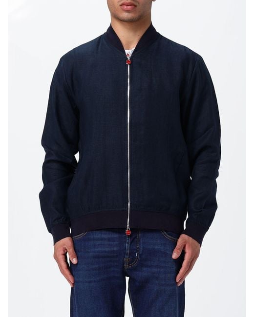 Kiton Blue Linen Bomber Jacket With Elasticated Collar And Zip Closure for men