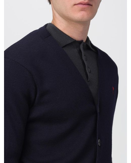 AMI Blue Merino Wool Cardigan With Embroidered Logo for men