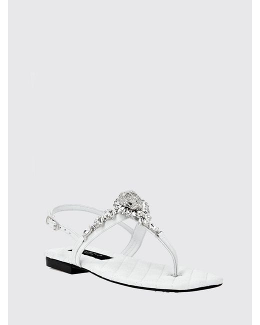 Philipp Plein White Leather Thong Sandals With Low Heel And Ankle Strap