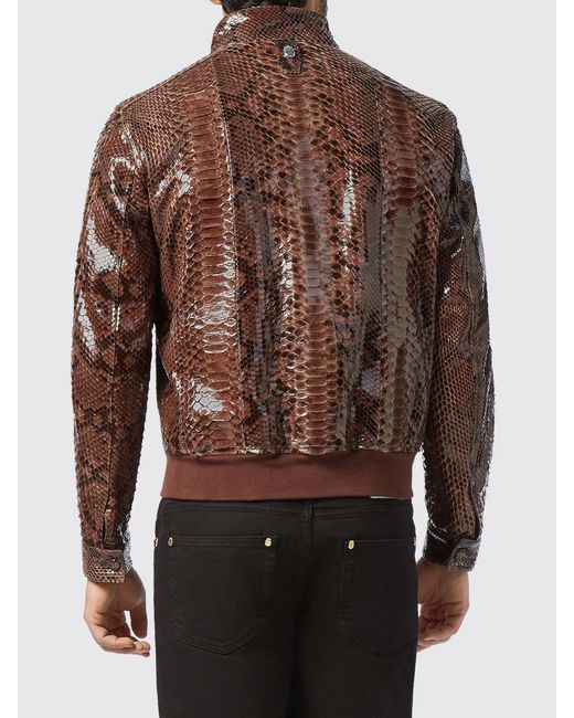 Billionaire Brown Snakeskin Leather Bomber Jacket With High Collar And Zip Closure for men