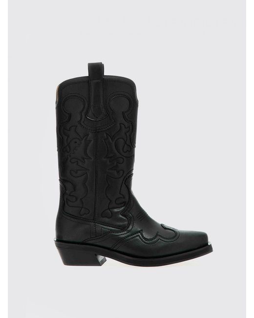Ganni Black Recycled Leather Blend Boot With Embroidery