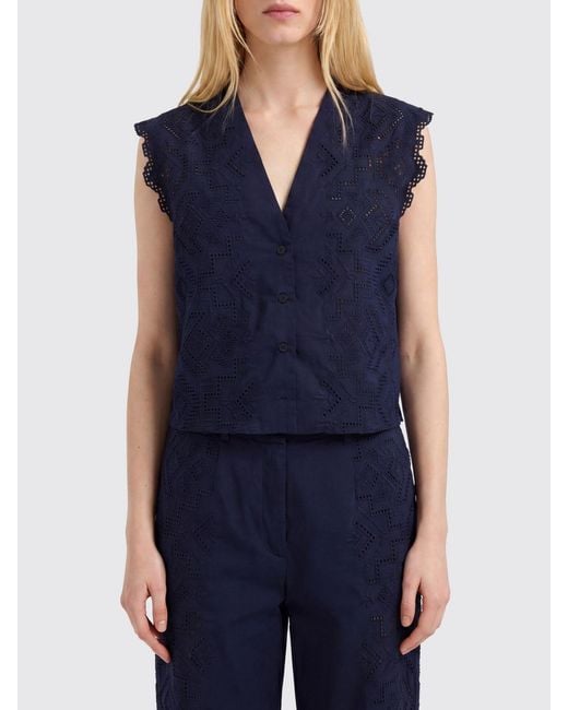 Momoní Blue MomonÌ Sleeveless Openwork Cotton Blouse With Embroidery