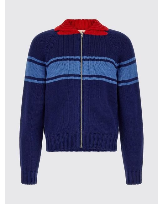 Marni Blue Striped Cotton Turtleneck Cardigan With Zip Closure for men