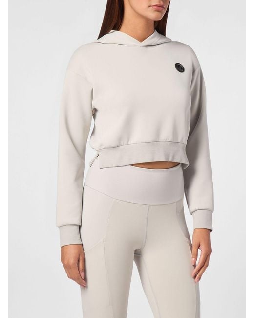Philipp Plein Natural Cropped Hooded Jersey Sweatshirt With Contrasting Logo