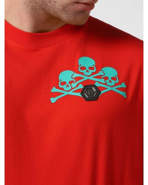 Philipp Plein Red Cotton T-Shirt With Skull Print And Monogram Motif for men