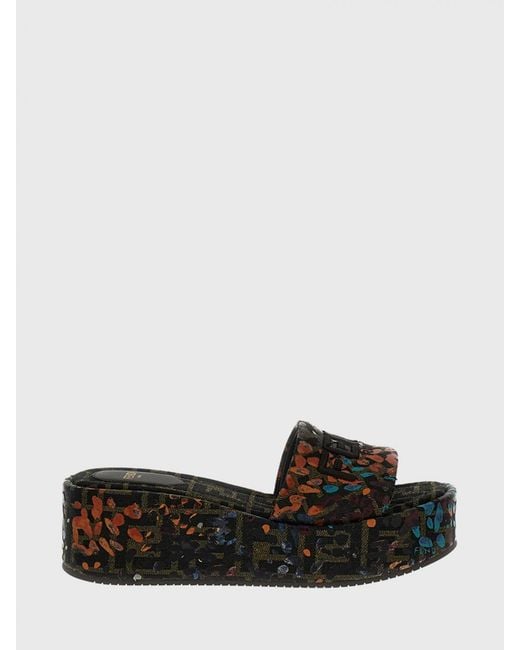 Fendi Black Ff Monogram Jacquard Animal Print Canvas Mules