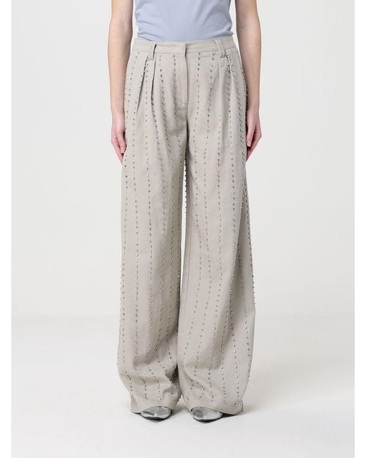 Pinko Gray Wide-Leg Cotton Trousers With Rhinestones