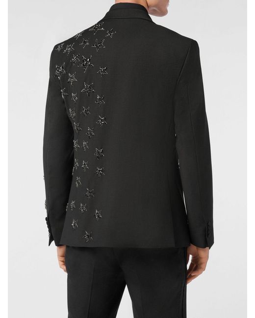 Philipp Plein Black Single Breasted Wool Blazer With All Over Crystal Stars for men