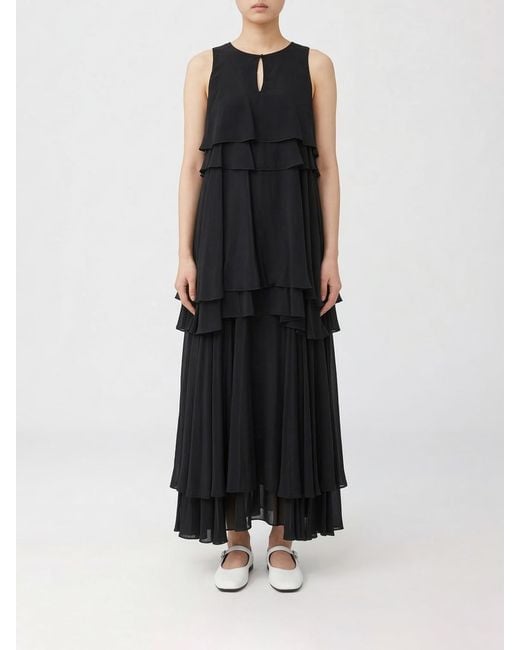 AMI Black Silk Blend Long Dress With Ruffles