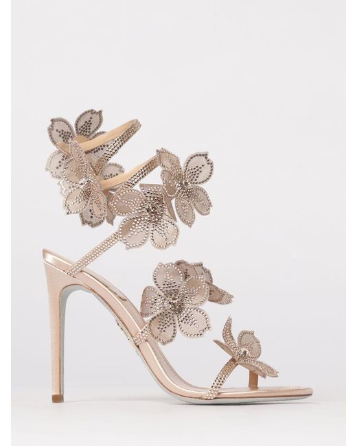 Rene Caovilla Natural Satin Sandals With Rhinestones And Applied Flowers