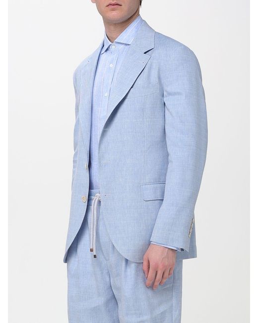 Brunello Cucinelli Blue Single-Breasted Linen Blazer for men