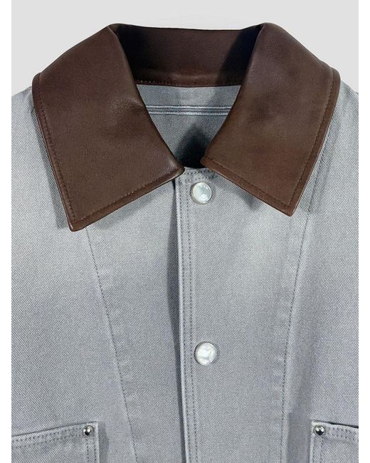 Wooyoungmi Gray Cotton Denim Jacket With Leather Collar And Dropped Shoulders for men