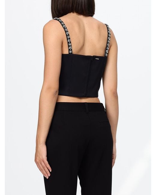 Twinset Black Satin Cropped Top With Rhinestones