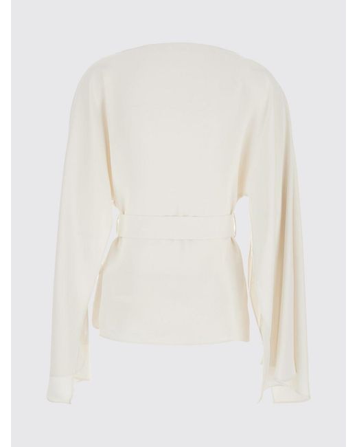 P.A.R.O.S.H. White P.A.R.O.S.H. Long-Sleeved Crêpe Blouse With Tie-Waist Sash Belt