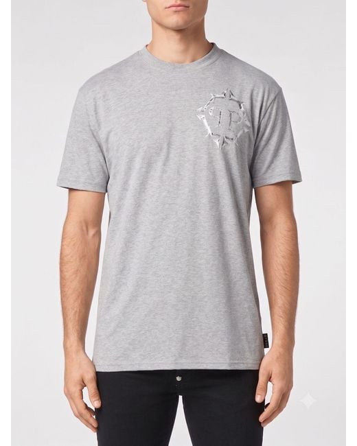 Philipp Plein Gray Cotton T-Shirt With Monogram Print And Hexagon Logo for men