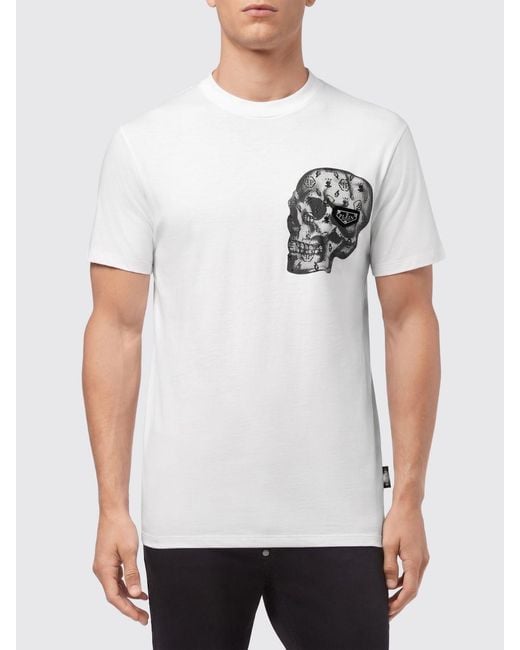 Philipp Plein White Slim Fit Cotton T-Shirt With Monogram Skull Embroidery And Hexagon Logo for men