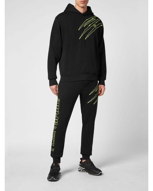 Philipp Plein Black Cotton Hoodie With Graphic Print And Hexagon Logo for men