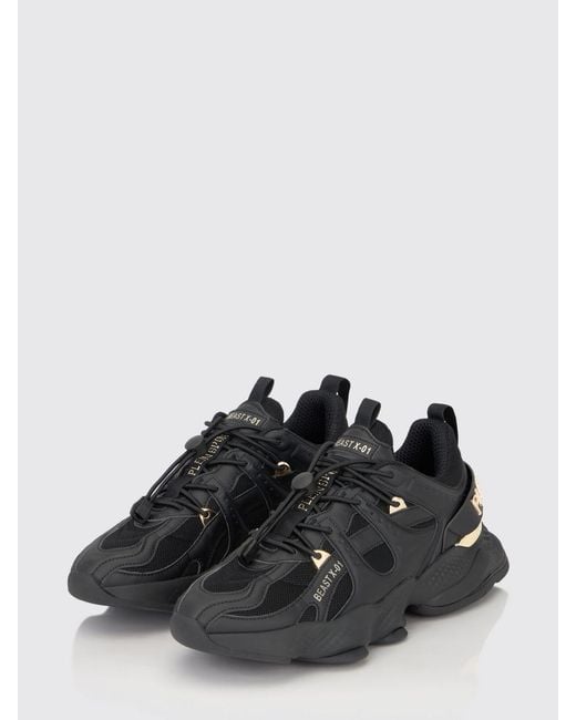 Philipp Plein Black Runner Beast X-01 Leather And Mesh Sneakers With Drawstring Closure for men
