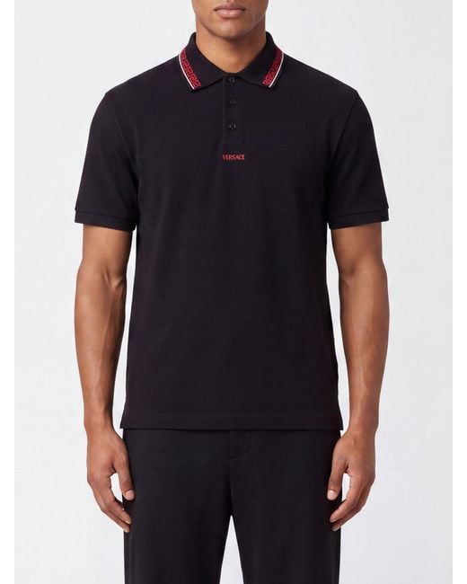 Versace Black Greca Pattern Cotton Polo Shirt With Contrast Embroidered Logo for men