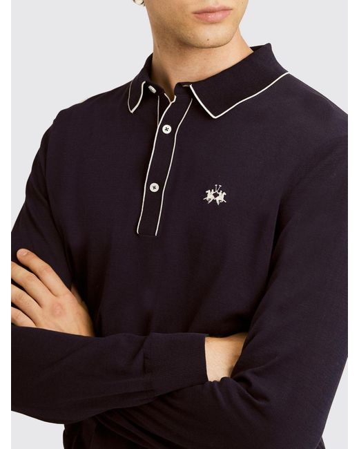La Martina Blue Cotton And Silk Polo With Logo for men