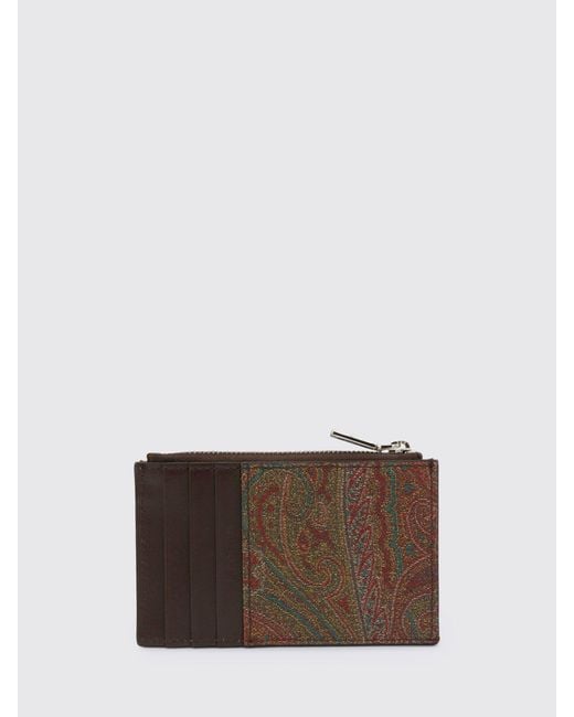 Etro Brown Coated Cotton And Leather Credit Card Holder With Paisley Print for men