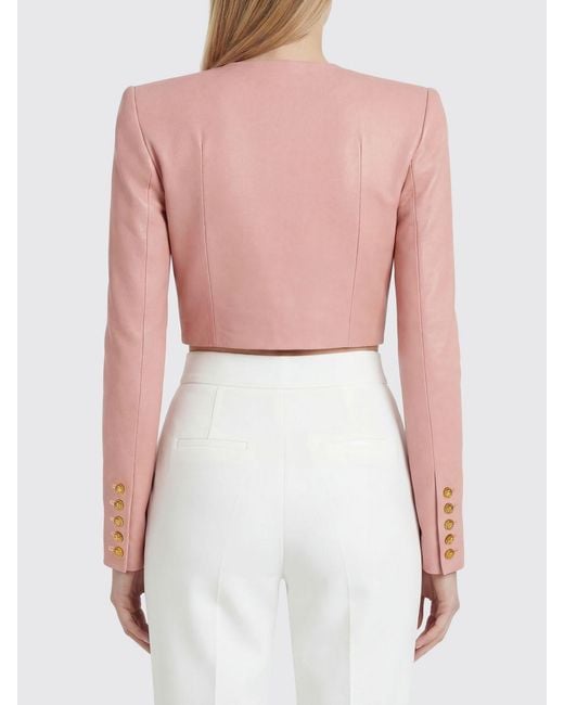 Balmain Pink Crop Leather Jacket