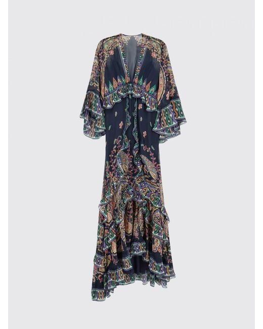 Etro Blue Paisley Embroidered Silk Midi Dress With Asymmetrical Hem And Long Sleeves