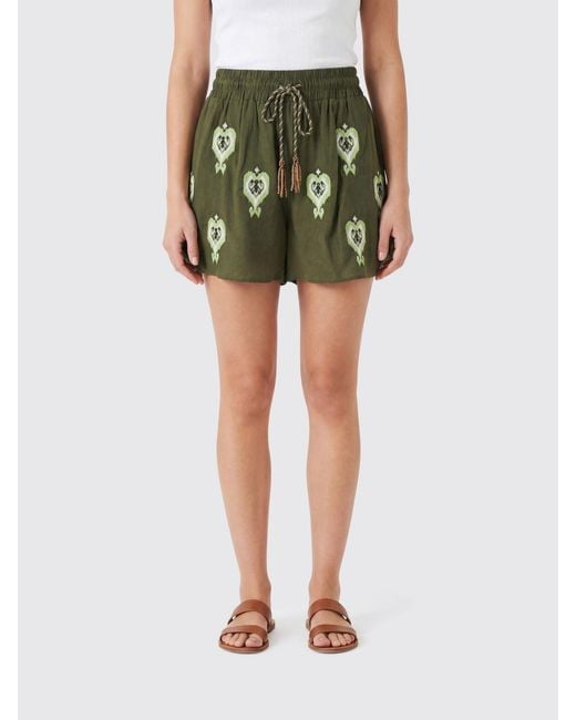 Farm Rio Green Linen Blend Shorts With Embroidery