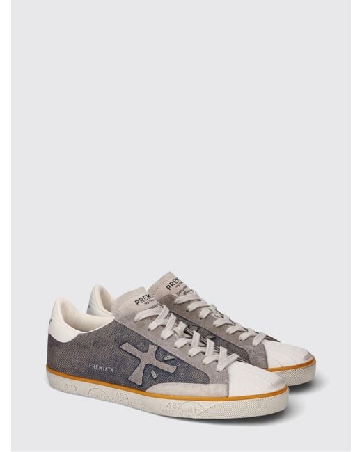 Premiata White Stevend Leather And Glitter Sneakers