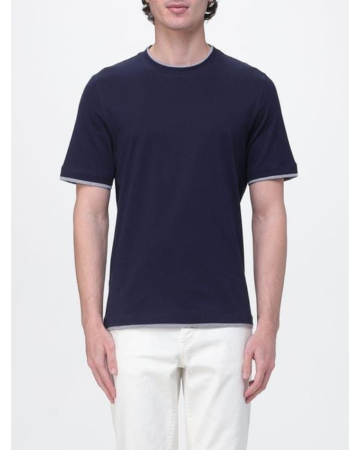 Brunello Cucinelli Blue Cotton Crew-Neck T-Shirt With Contrasts for men