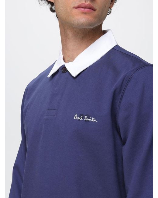 Paul Smith Blue Long-Sleeved Organic Cotton Polo Shirt With Contrast Logo for men