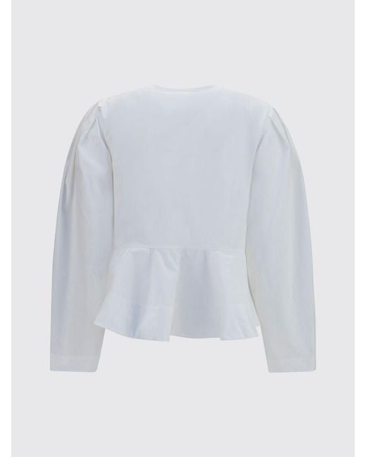 Ganni White Cropped Cotton Jacket With Ruched Shoulders And Tie Fastening