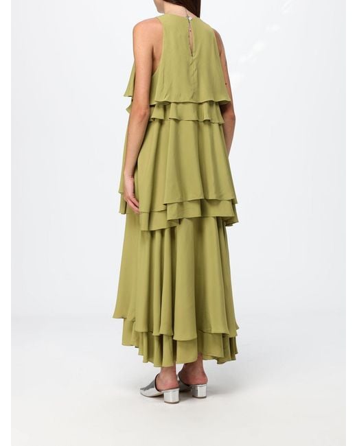 AMI Green Silk Blend Long Dress With Ruffles